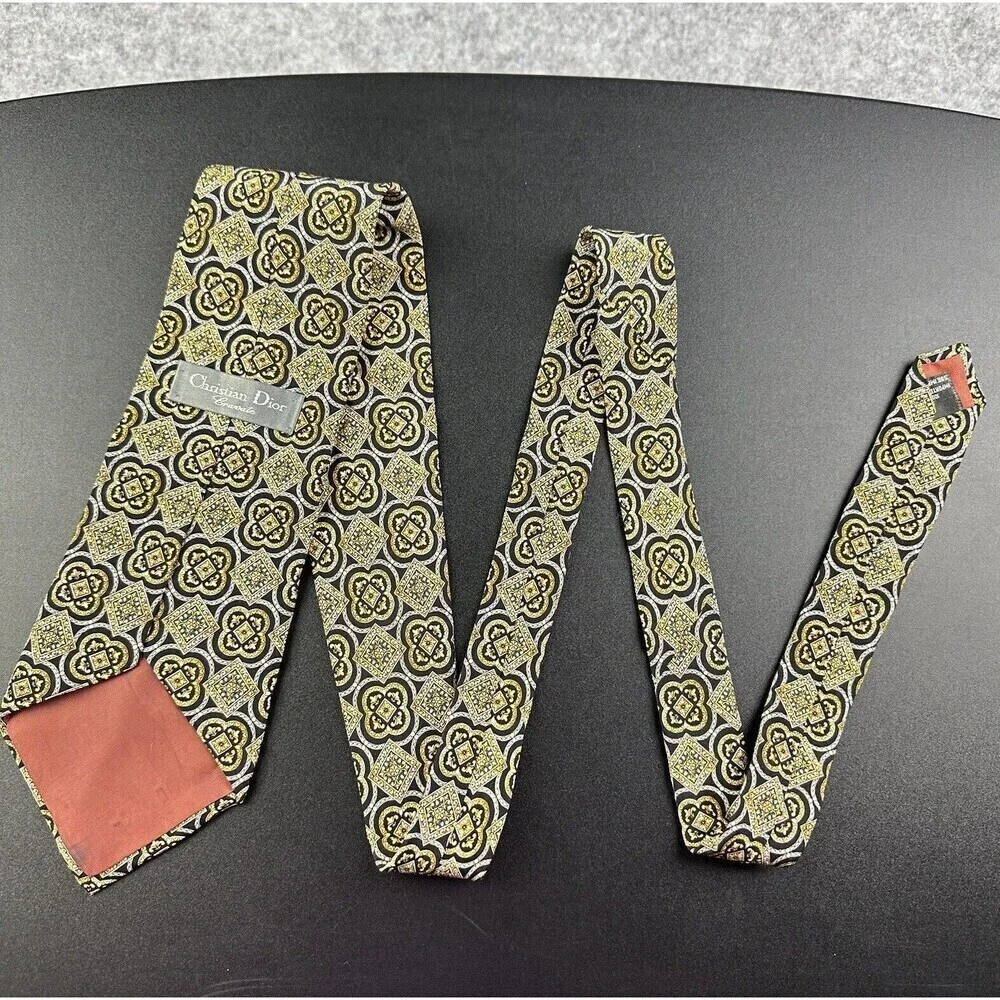 Christian Dior Silk Neck Tie Men Geometric Medallion Black Yellow Made in Canada